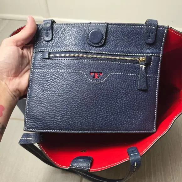 Tory Burch Perforated Tote Blue Bag Logo Shoulder Handbag - Picture 9 of 9